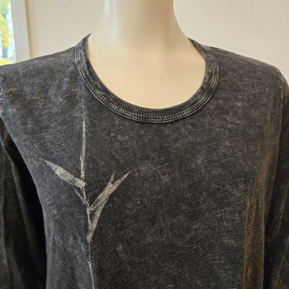 Jess & Jane Black Acid Wash Patch Pockets Tunic Top Size M Asian Print Lagenlook - Picture 7 of 11